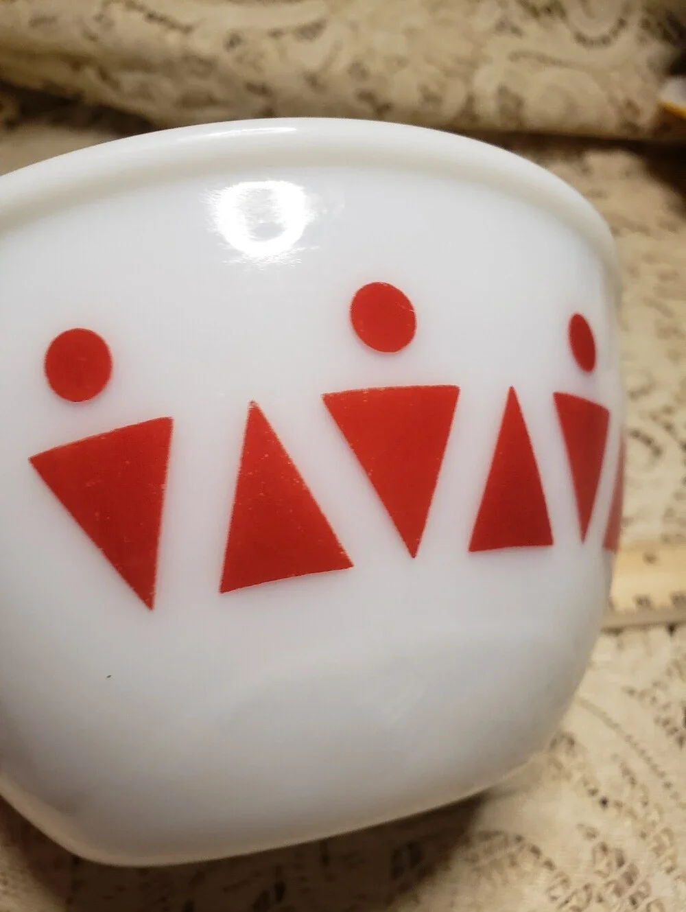 Hazel Atlas White Glass Mixing Bowl with Red Geometric Pattern
